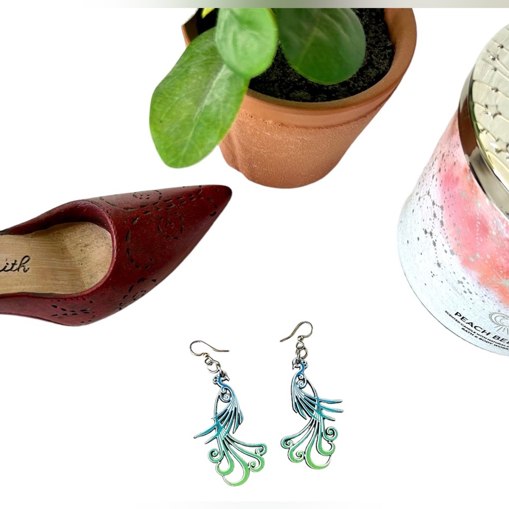 Wood Carved From Dollywood Blue and Green Peacock Earrings